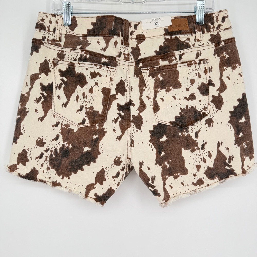 NWT Judy Blue Denim Shorts Brown Cream Cow Print High Waist Cutoff Raw Hem XL - Picture 6 of 14